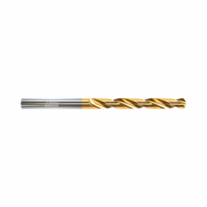 Gold-coated twist drill bit with a silver shank, oriented horizontally for metal drilling.