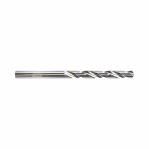 Shiny metal twist drill bit shown from the side with visible helical flutes.