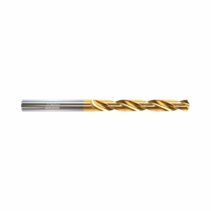 Gold-coated twist drill bit with a silver shank, designed for metal drilling.