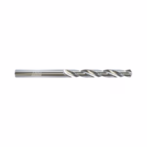Shiny steel twist drill bit for metal with helical flutes, horizontal orientation