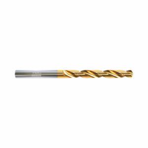 Gold-coated twist drill bit with a silver shank, laid horizontally on a white background (metalworking tool).