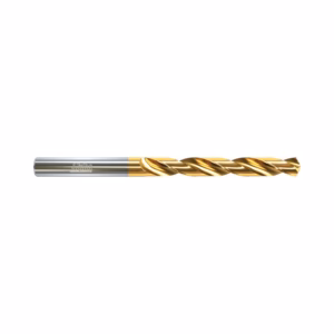 Gold-coated twist drill bit with a silver shank, designed for metal drilling