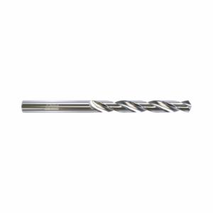 Chrome twist drill bit laid horizontally, showcasing spiraled flutes and a polished shaft.