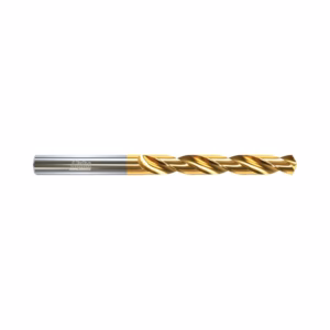 Gold-coated twist drill bit with a silver shank for metal drilling, shown in profile.