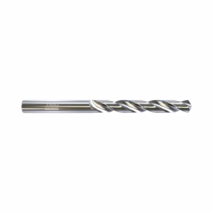 Shiny twist drill bit for metalworking viewed from the side.
