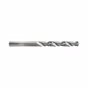 Chrome-colored twist drill bit laid horizontally on a white background.