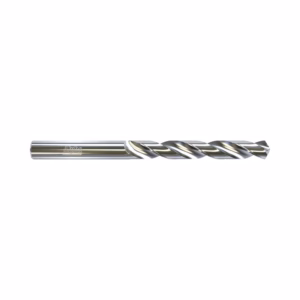 Metal twist drill bit with spiral flutes on a white background, extending to the right.