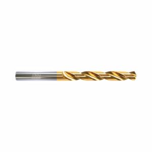 Gold-coated twist drill bit with a silver shank on a white background