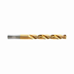 Gold-coated twist drill bit for metalworking, showing spiraled flutes and shank.
