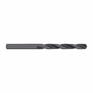 Horizontal dark gray twist drill bit lying flat, ready for drilling, viewed from the side.