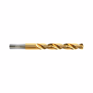 Gold-coated twist drill bit with silver shank on a white background.