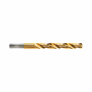 Gold-coated spiral end mill with silver shank laid horizontally, a precision cutting tool for metalworking.