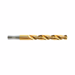 Gold-coated twist drill bit with a silver shank, designed for drilling metal; spiral flutes run along the bit's length.