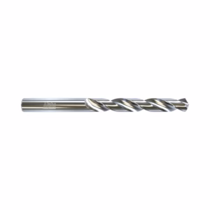 Twist drill bit with a shiny metal finish and helical flutes, shown horizontally for metal drilling