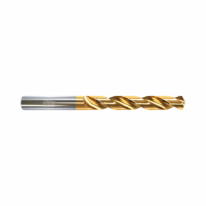 Gold-coated twist drill bit with a silver shank on a white background, close-up view