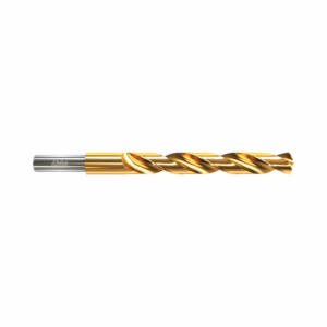 Gold-coated twist drill bit with metallic gold finish, horizontal across a white background
