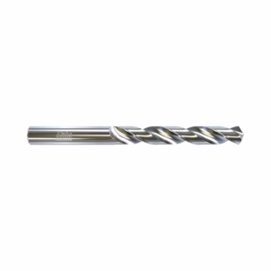 Shiny chrome twist drill bit laid horizontally with helical flutes
