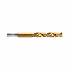 Gold titanium-coated twist drill bit with silver shank, used for metal drilling.