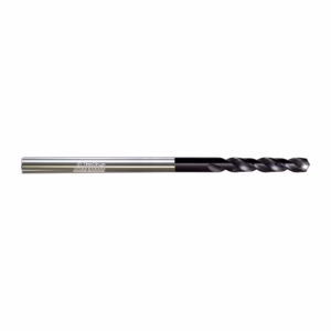 Long silver twist drill bit with black-coated flutes and brand name on the shank.