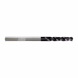 Twist drill bit with a chrome shank and black-coated spiraled flutes on a white background