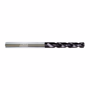 Twist drill bit with a silver shank and black helical flutes used for drilling holes in metal or wood