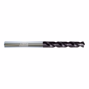 Chrome shank drill bit with black twisted flutes, laid horizontally on a white background.