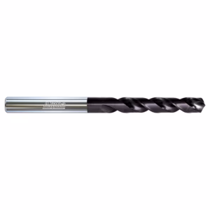 Twist drill bit with silver shank and black-coated fluted bit, used for metal drilling.