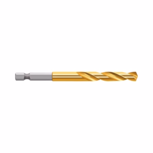 Gold-colored twist drill bit with a silver shank, shown from the side for metal drilling purposes.