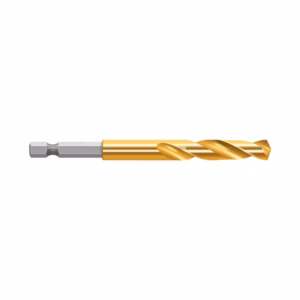 Gold-coated twist drill bit with silver shank ready for drilling metal/wood workpiece