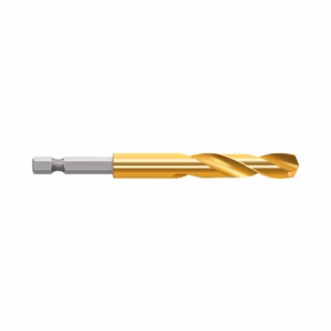 Gold-coated twist drill bit with a silver hex shank, used for drilling metal products