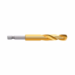 Gold-coated twist drill bit with silver hex shank for metal drilling