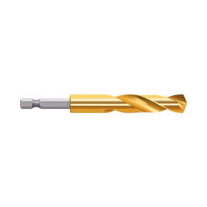 Gold-coated twist drill bit with silver shank, used for metal drilling