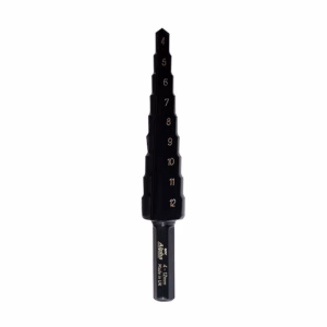 Black multi-step drill bit with labeled steps 4–12, featuring a stepped conical design for drilling different hole sizes.