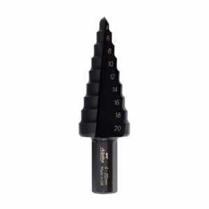 Black stepped drill bit showing eight progressively larger steps labeled 4–20 mm.