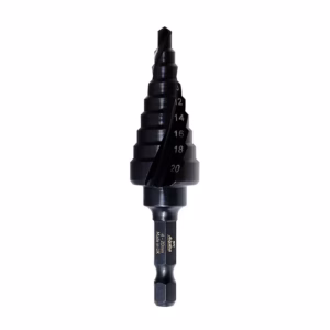 Black step drill bit with stepped cones and size markings (4–20) for drilling holes in metal/plastic; tool for progressive hole sizes