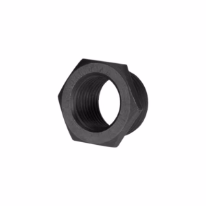 Black hex nut with internal threads, angled view showing its six flat sides and hole for a bolt edge-to-edge connection
