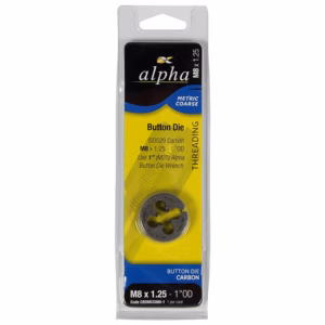 Alpha brand button die (carbon) for M8 x 1.25 threads, in yellow/blue packaging, shows the metal die insert on front