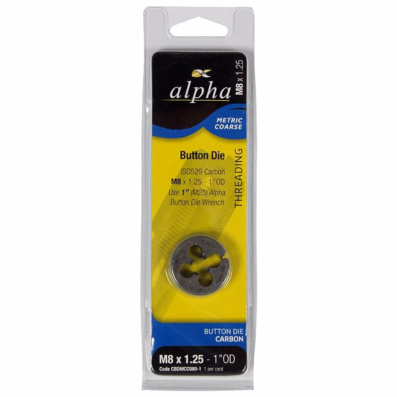 CBDUNFC716-1 - Alpha Tools Alpha Button Die carbon packaging: M8 x 1.25 threading die in yellow case, used for cutting threads in metal.