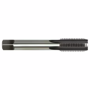 Long metal thread milling cutter with helical flutes and serrated cutting teeth at the end, shown horizontally.