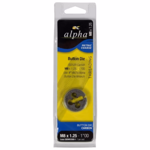 Alpha Button Die, carbon for M8 x 1.25 threading, packaged in yellow-and-blue blister pack