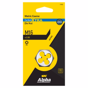 Bright yellow Alpha packaging for a metric coarse nut: M16, 1 piece, x2.00, hex nut image, ISO 529 label, Made in Europe badge.