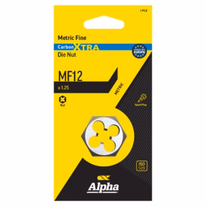 Yellow Alpha packaging for Metric Fine Carbon XTRA Die Nut MF12, 1 piece, size x1.25, with spark plug graphic and ISO 529 label.