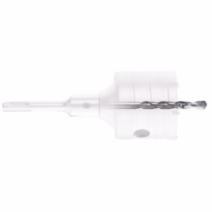 Twist drill bit extending through a translucent drill guide against a white background.