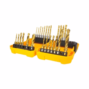 Set of gold drill bits stored in bright yellow plastic cases with labeled holders and organized slots for each size.