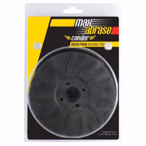 Max Abrase Condor resin fibre backing pad in packaging, circular black abrasive disc with hole pattern for polishing/sanding