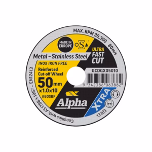 Circular Alpha XTRA reinforced cut-off wheel label for metal and stainless steel, 50 mm diameter (bore 1.0 mm).