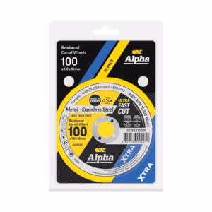 Packaged Alpha reinforced cut-off wheels, 100 pieces of 1.0 x 16 mm for metal and stainless steel, blue/yellow/black design.
