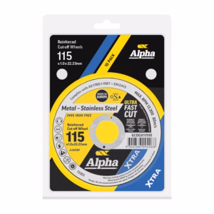 Packaging for Alpha reinforced cut-off wheel, 115 mm (1.0 x 22.23 mm), yellow/black label with 'XTRA' branding and '10 PACK' indicator
