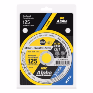 Circular abrasive wheel packaging for Alpha Ultra Fast Cut, 125 mm, reinforced cut-off wheel for metal and stainless steel (x1.0 x 22.23 mm).