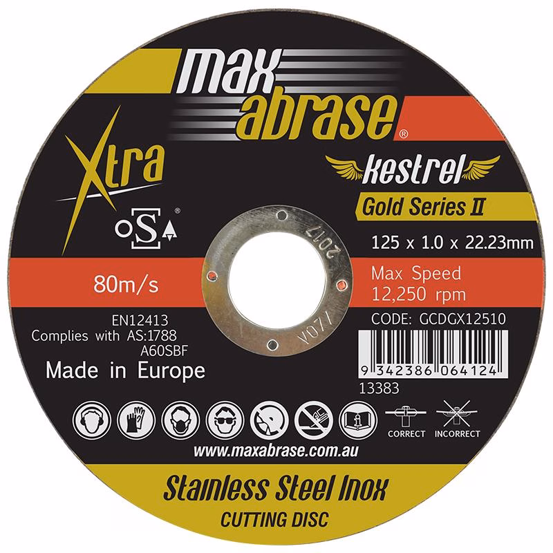 CGCDGX12510_3 - Alpha Tools A circular cutting disc with Max Abrase branding for stainless steel; shows 125 x 1.0 x 22.23 mm and 12,250 rpm specifications.